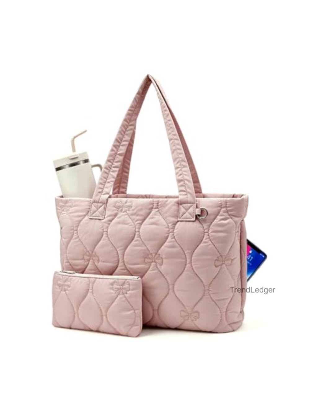 Quilted Puffer Tote Bag for Women Nylon Laptop Tote 2-in-1 Purse Set with